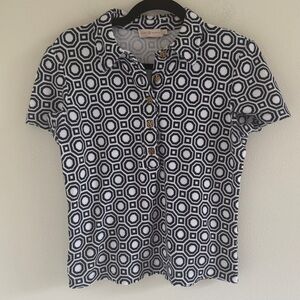 Tory Burch Terry Cloth Short Sleeve Polo Shirt Gold Buttons Small